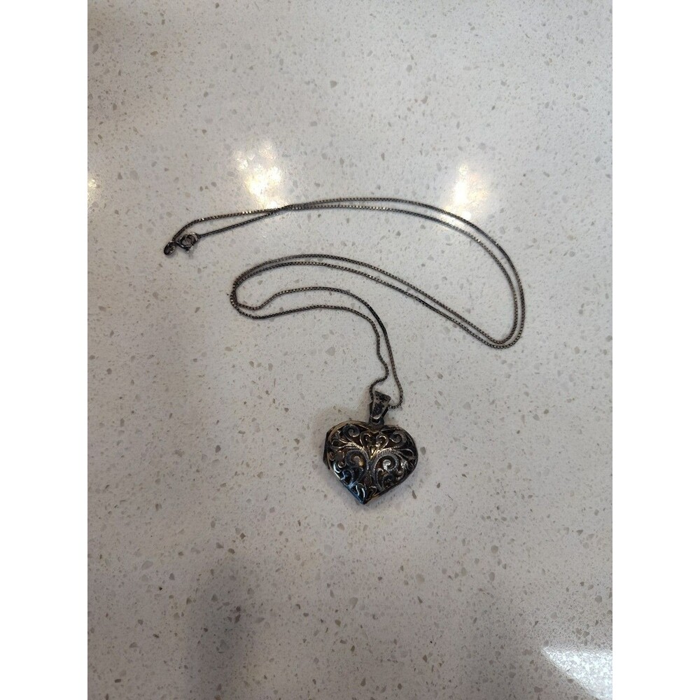 925 THM Sterling Silver Puffy Heart scrollwork 1" Locket on 24" Chain Necklace